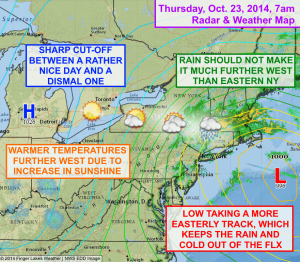 With low pressure heading further east than expected, today's weather will be much nicer than previously thought. Click image to enlarge.