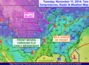 Arctic air is flooding the central US behind a cold front that will arrive in the FLX overnight. Click image to enlarge.