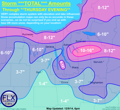 Updated snow accumulation map for the ENTIRE storm through Thursday evening. Click image to enlarge.