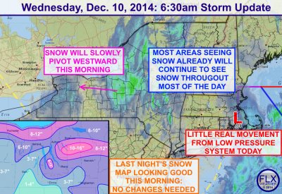 Snow will overspread the Finger Lakes and last much of the day. Click image to enlarge.