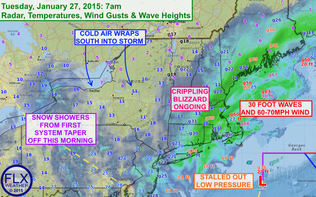 While a crippling blizzard pounds New England today, the Finger Lakes will just be cold and blustery as any remaining snow showers diminish. Click image to enlarge.