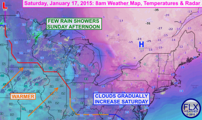 Warmer weather from the Midwest will gradually seep into the Finger Lakes as low pressure tracks across southern Canada this weekend. Click image to enlarge.