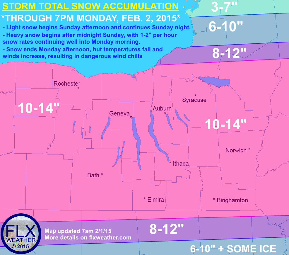 For the southern half of the Finger Lakes region, nothing has changed in what continues to be a high-confidence forecast in roughly a foot of snow across the area. Those same high amounts of snow are now expected all the way to the Lake Ontario shore, as confidence on the northern edge of the system increases. Snow is still expected to start lightly this afternoon and become heavy overnight.