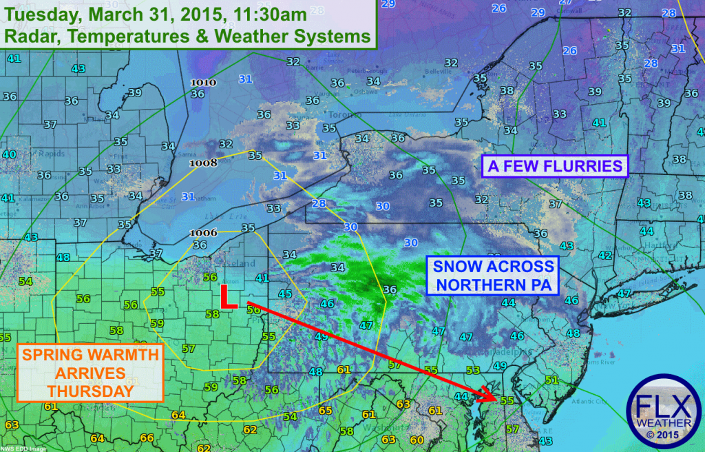 A clipper system is diving southeast across Pennsylvania, keeping most of its snow to the south of the Finger Lakes..