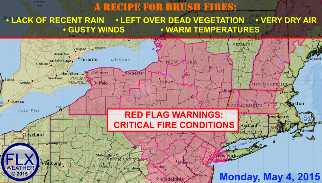 Red Flag Warnings for critical fire weather conditions have been issued for all of central and western New York for Monday afternoon.