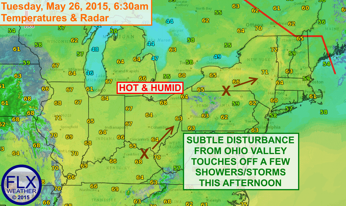 A small disturbance will interact with a hot and humid afternoon to touch off a few showers and maybe a thunderstorm this afternoon, especially across the southern and eastern Finger Lakes
