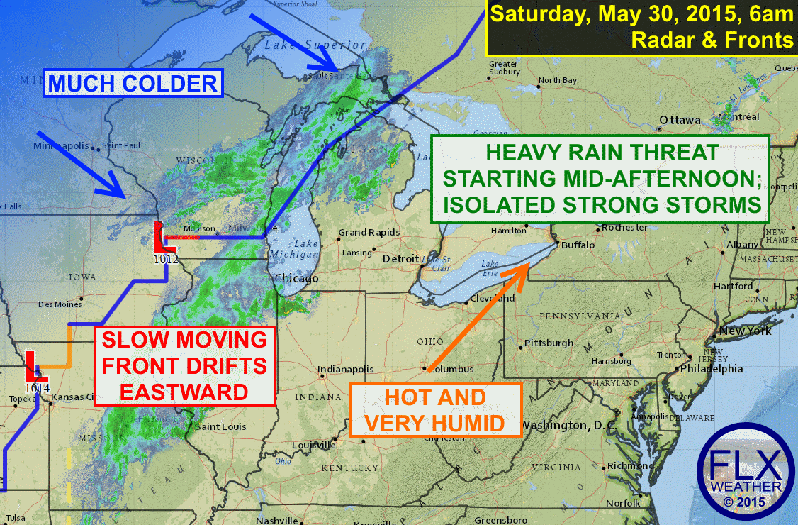 A hot and very humid day will turn stormy by mid-afternoon across the Finger Lakes. Heavy rain is the main threat, but some locally strong storms are possible, too.