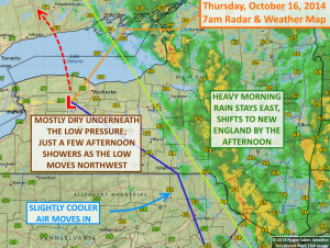 With low pressure overhead, most of the rain today will fall east of the Finger Lakes. Click image to enlarge.