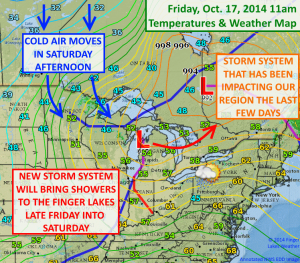 A new storm system will move into the region Friday night with showers lingering into Saturday. Click image to enlarge.