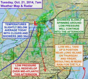 Low pressure will bring showers and cool weather to the Finger Lakes on Tuesday, Oct. 21. Click image to enlarge.