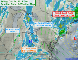 Areas of clouds (white, blue and yellow) alternate with clear areas (darker greys) on this infrared satellite image. Click to image to enlarge.