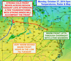 A strong storm system will bring very warm weather Tuesday followed by some strong thunderstorms. Click image to enlarge.