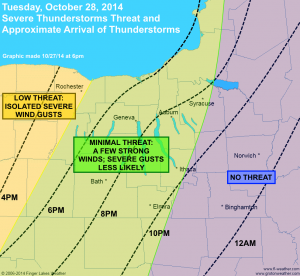 Oct. 28, 2014 approximate arrival times of thunderstorms (dashed lines) and severe threat (shading). Click image to enlarge.
