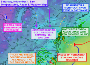 The weather map is busy this morning as cold air invades south and a major nor'easter develops off the east coast. Click image to enlarge.