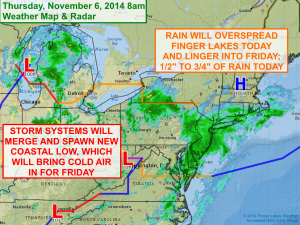 A rainy day is expected across the Finger Lakes Thursday. Click image to enlarge.