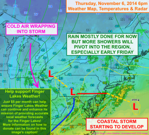Thursday evening's weather map shows a break in the rain over the Finger Lakes, but more showers- and cold- will move in. Click this image to be taken to the 2014 Fall Fundraiser page!
