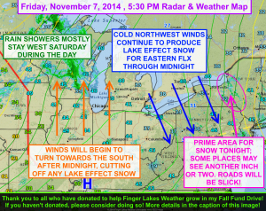 Lake effect snow will continue to impact the eastern Finger Lakes this evening before winds shift and cut the snow off. Click to enlarge. Please click the image at the top of this post to make a donation to FLX Weather for the Fall Fund Drive!