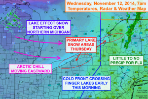 An arctic cold front is moving through the Finger Lakes this morning. Some lake effect snow will start to develop tonight into Thursday to the east of the Great Lakes. Click image to enlarge.
