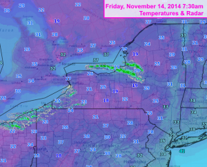 With temperatures in the teens and 20s and a healthy band of lake effect snow off of Lake Ontario, this morning's weather map looks quite wintry. Click image to enlarge.