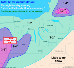 Snowfall amounts should be generally light across the Finger Lakes, with the majority of the snow falling in the early morning and pre dawn hours.
