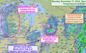 Bitter cold and lake effect snow are showing up just to the west of the Finger Lakes and will overspread western and central New York this evening. Click to enlarge.
