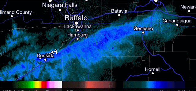 Lake effect snow has returned to western New York Thursday morning. Radar image from 7:45am. Click image to enlarge.