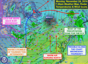 A powerful storm system lifting through the Great Lakes will bring warm and windy weather to the Finger Lakes on Monday. Click to enlarge.