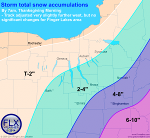 Expected snow totals over the Finger Lakes region by Thursday morning. These totals are very similar to amounts predicted yesterday. Click image to enlarge.