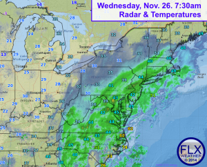 Wednesday 7:30 am radar shows a large storm system spanning across the east coast. Much of the precipitation early on is rain, but will change to snow as the day goes on. Click image to enlarge.