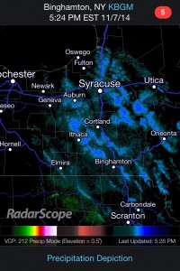 5:24pm Radar shows scattered flurries and squalls across the eastern Finger Lakes. Click to enlarge.