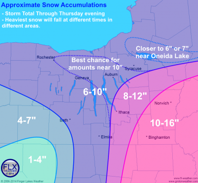 Approximate snow accumulations through Thursday evening. The heaviest snow will fall at different times across the region. Click image to enlarge.