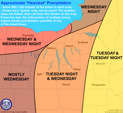 Approximate timing of heaviest, steadiest precipitation. Some areas will see more snow than others. Click image to enlarge.