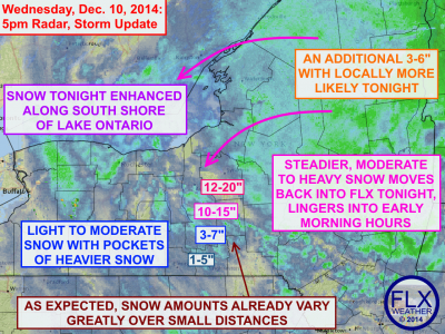 Steadier moderate to heavy snow will move back into the region overnight. Click image to enlarge.