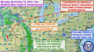 Some rain showers are possible Tuesday afternoon as temperatures push towards or even above 40º. Click image to enlarge.