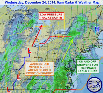 While most of the precipitation today will be east of the area, some on and off showers are likely in the Finger Lakes. Click image to enlarge.