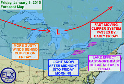 A clipper system will bring a shot of light snow overnight, followed by gusty winds and some lake effect snow on Friday. Click image to enlarge.