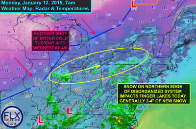 Light snow, on the order of 2-4", will fall across the Finger Lakes throughout Monday. Click image to enlarge.