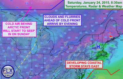 A coastal storm will impact areas south and east of the Finger Lakes while an arctic front approaches from the northwest. Click image to enlarge.