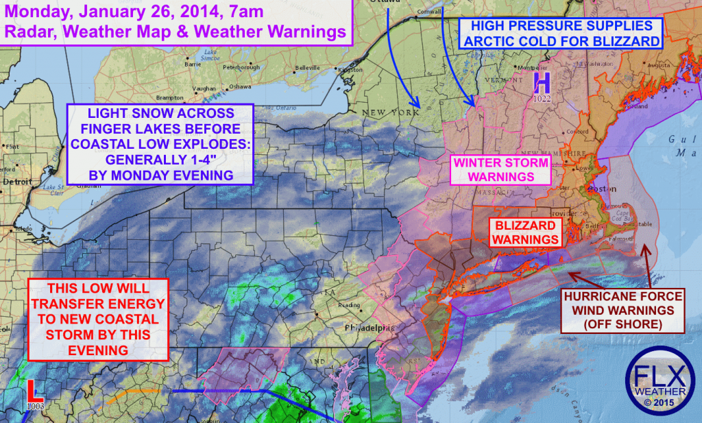 A historic blizzard will pummel the I-95 corridor Monday night and Tuesday. Before this storm really cranks up, it will bring a few inches of snow to the Finger Lakes. Click image to enlarge.