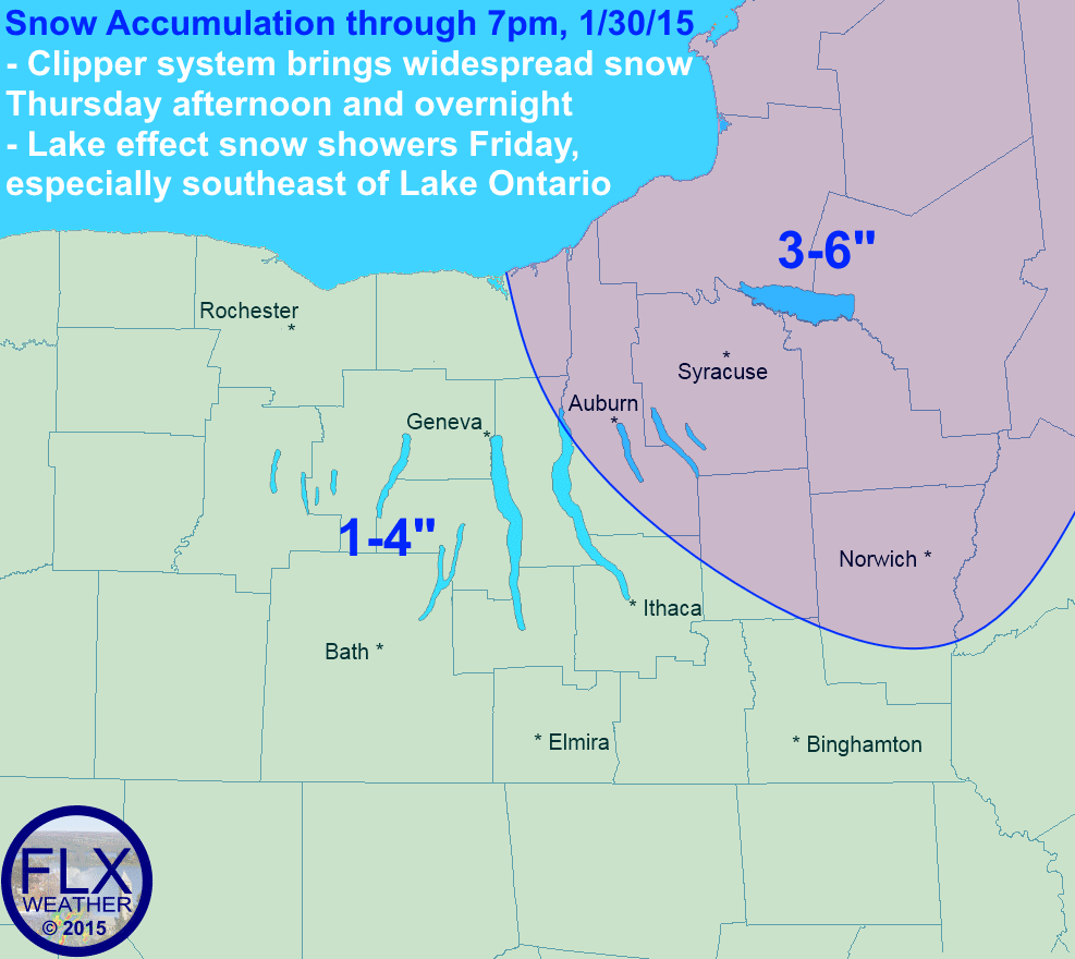 A clipper system will bring snow to the Finger Lakes region, starting Thursday afternoon and lingering through Friday. Generally, a couple inches will fall, with the potential for lightly more further east thank to lake effect snow on Friday.