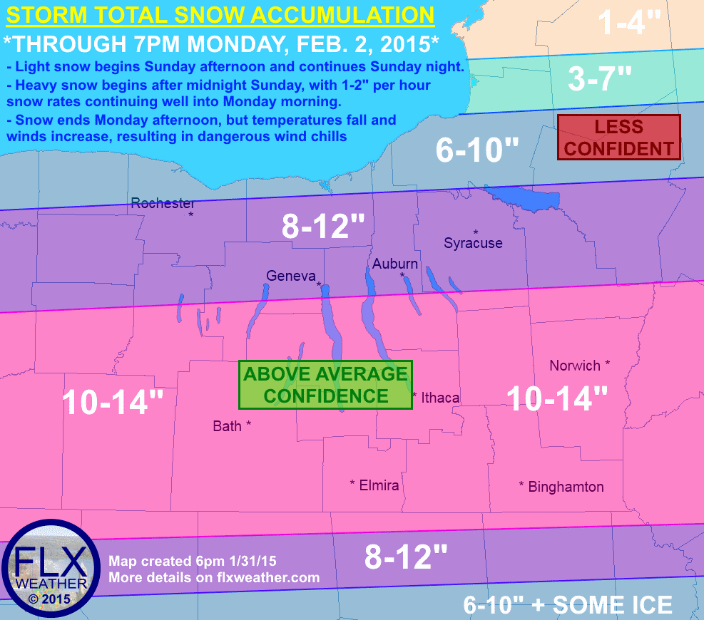 Around a foot of snow is likely for a large part of the Finger Lakes, with the heaviest snow falling after midnight Sunday night and into Monday morning. Bitter cold and gusty winds will develop after the snow ends Monday afternoon.
