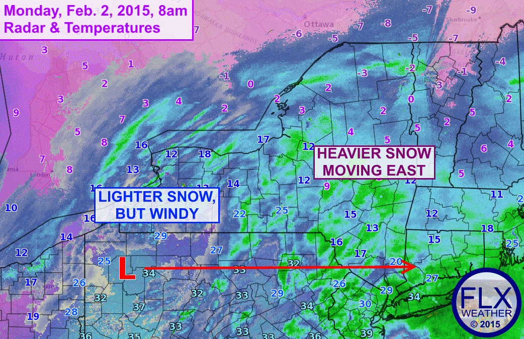 With heavier snow now pushing east, cold air and gust winds are starting to take over.