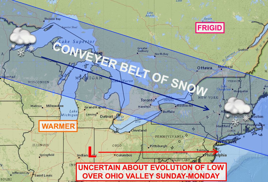 A snowy weekend is likely for the Finger Lakes with a parade of weak systems marching through. The final system late Sunday could bring heavy snow to the region, but remains highly uncertain.
