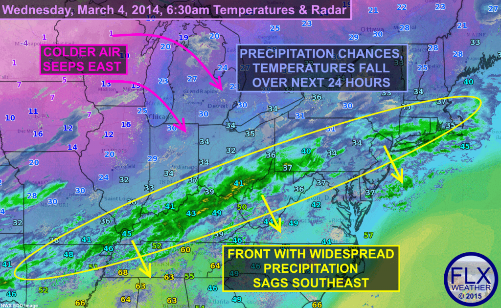 Precipitation along a front that is slowly moving away from the Finger Lakes will gradually become less and less likely across the region. Temperatures will also fall, with a chilly Thursday in store.