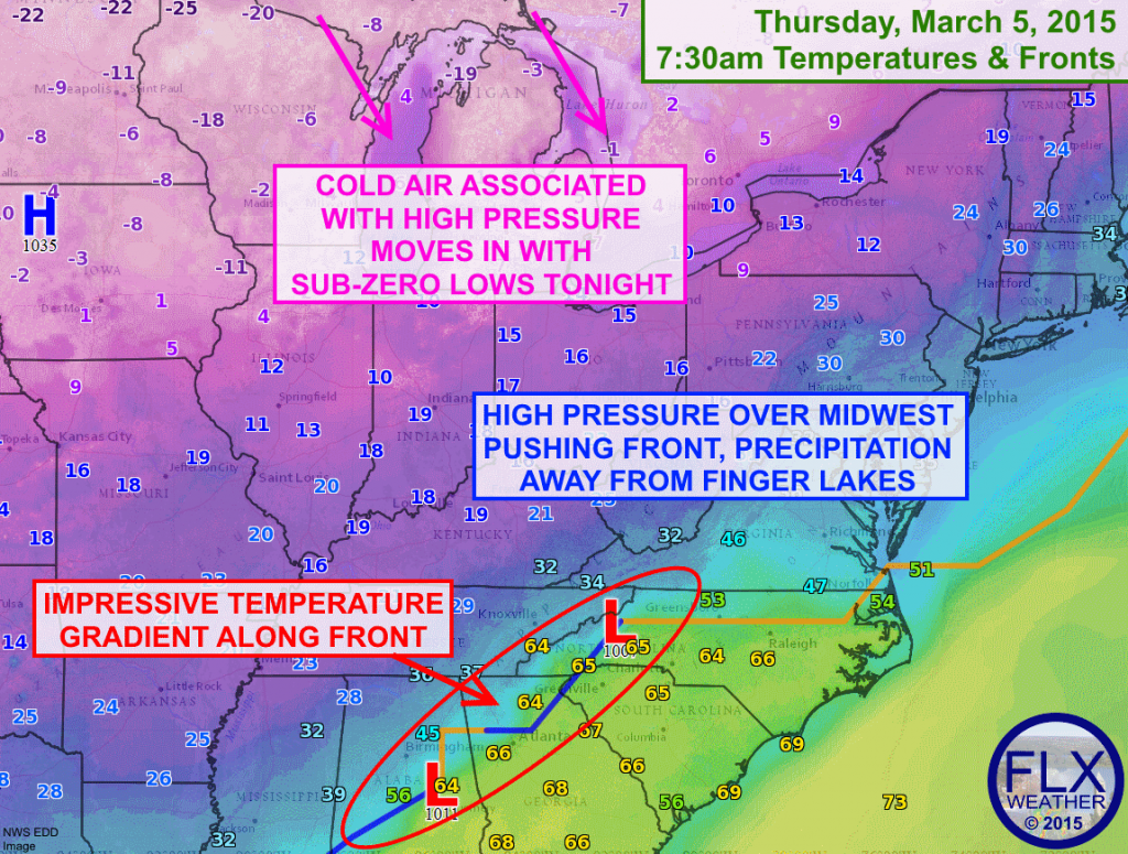 High pressure over the Midwest will shift east, resulting in clearing skies and subzero temperatures Thursday night.