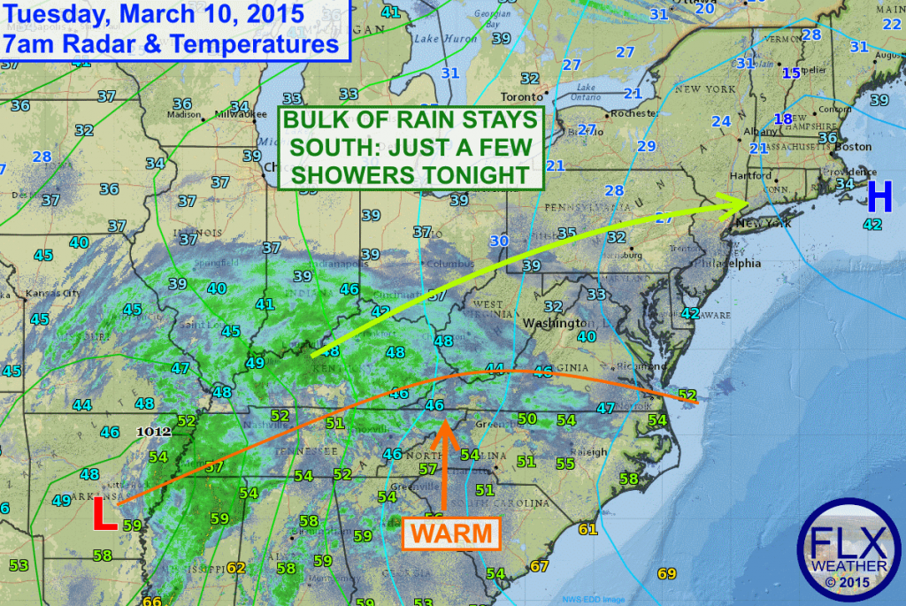 A large, moisture rich storm system over the Deep South will move towards the Mid-Atlantic today and tonight, spreading some showers into the Finger Lakes while the bulk of the rain misses to our south. A second system over Canada will pass to our north with little fanfare of its own.