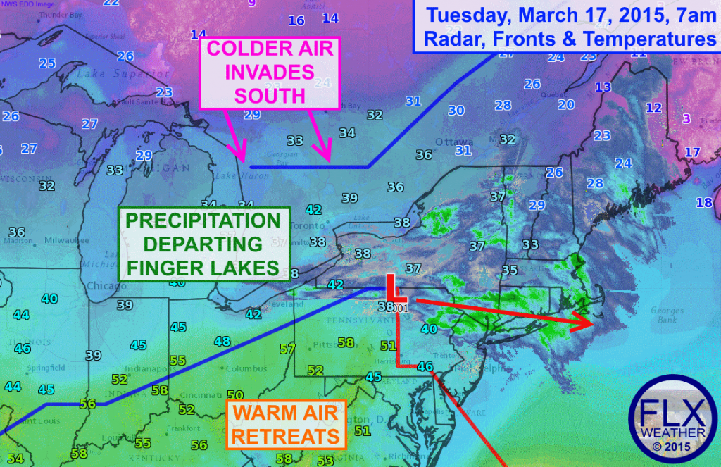 Precipitation will move out of the region this morning, leaving just a few lake effect flurries and tumbling temperatures for the rest of Tuesday.