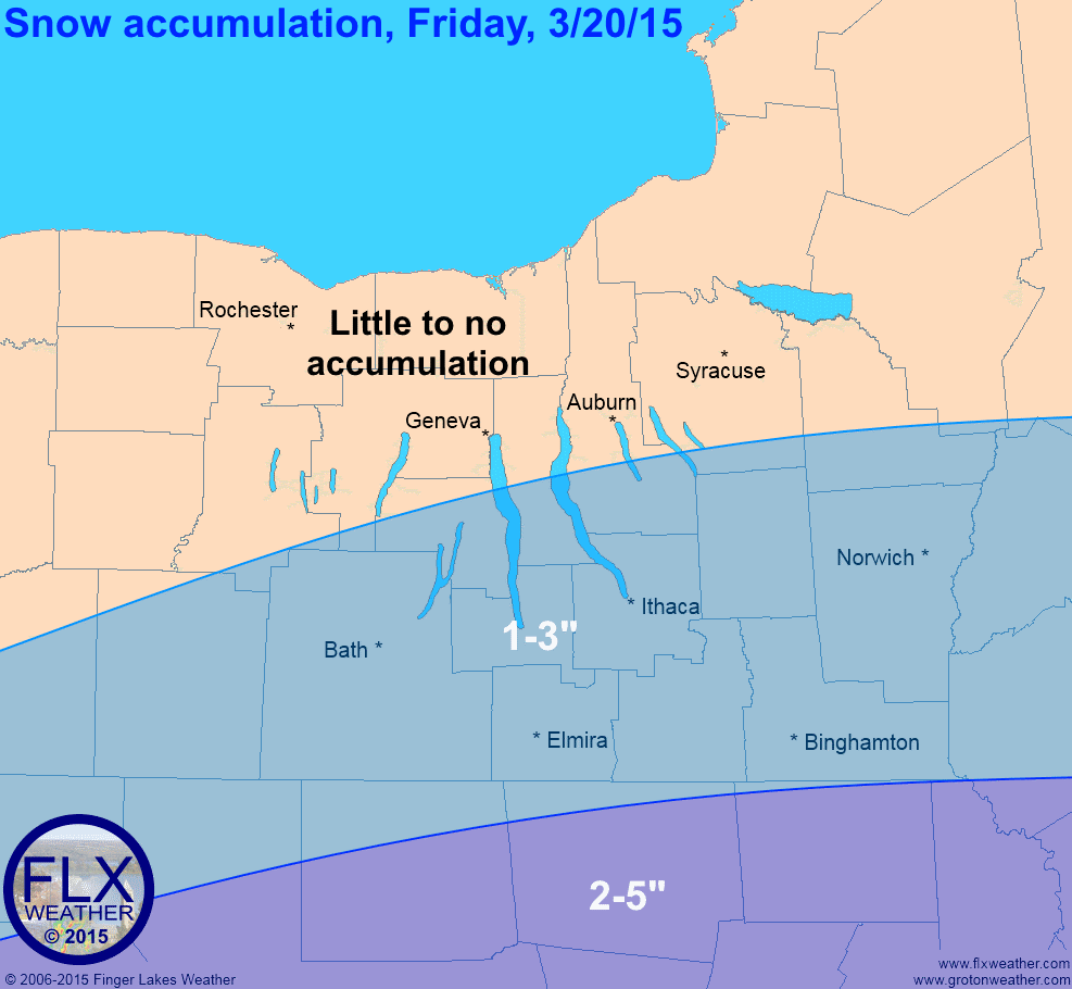 Light snow will cross the southern Finger Lakes during the day Friday with up to a couple inches of new snow. Areas further north will see little to no snow accumulation.