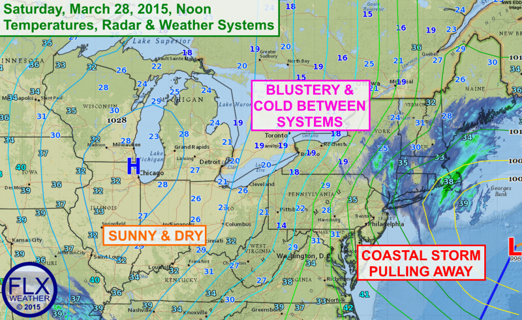 Gusty north winds between strong low pressure off the east coast and high pressure over the Midwest will keep the Finger Lakes cold on Saturday, despite some sunshine.