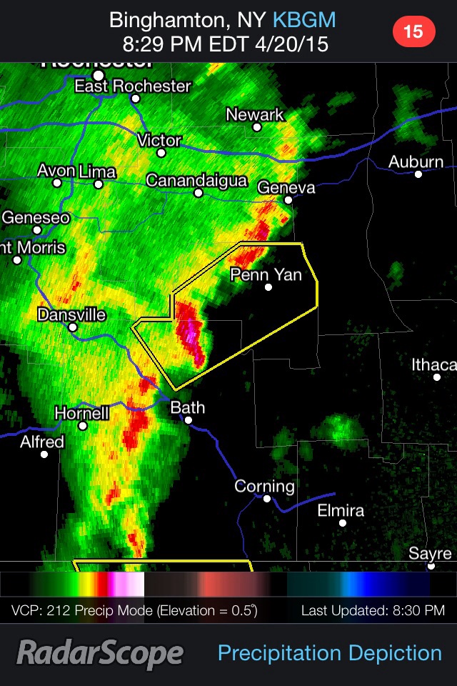8:30 pm radar shows a severe storm, with hail the primary threat, heading for Penn Yan. A severe thunderstorm watch has been issued for most of the Finger Lakes until 1am.